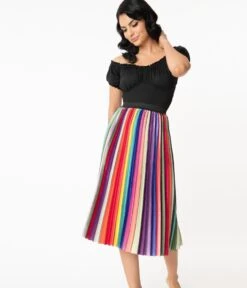 Unique Vintage Rainbow Stripe Pleated Hilty Skirt -New Dress Store 131280 4CC