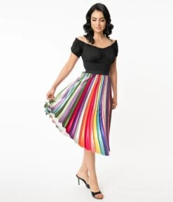 Unique Vintage Rainbow Stripe Pleated Hilty Skirt -New Dress Store 131280 5CC