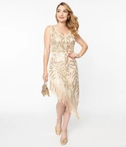 Unique Vintage 1920s Beige Beaded Asymmetrical Fringe Flapper Dress
