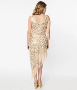 Unique Vintage 1920s Beige Beaded Asymmetrical Fringe Flapper Dress -New Dress Store 190045 UV764 3