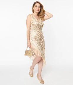 Unique Vintage 1920s Beige Beaded Asymmetrical Fringe Flapper Dress -New Dress Store 190045 UV764 5