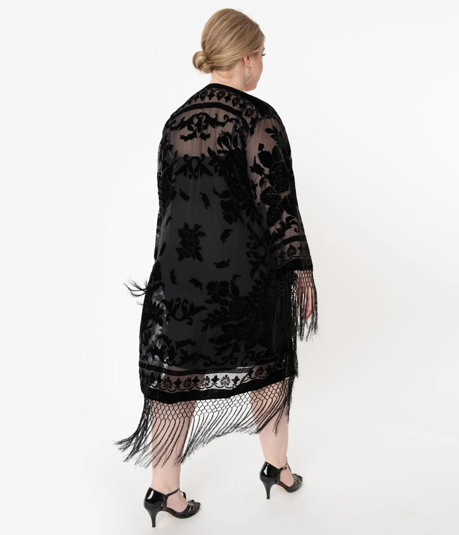 1920s Black Devore Velvet Lattice Scarf Coat 3 1920s Black Devore Velvet Lattice Scarf Coat - Image 3