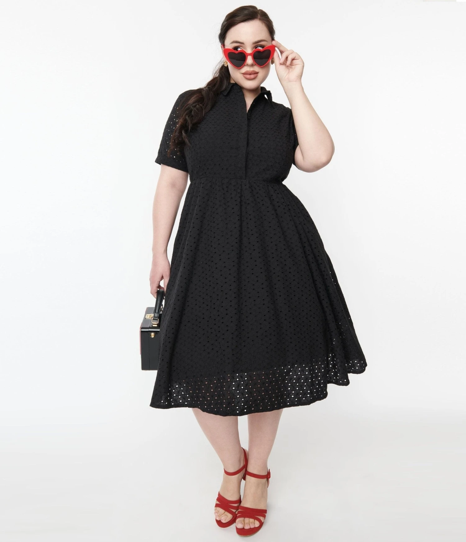 1950s Black Eyelet Collared Swing Dress 4 1950s Black Eyelet Collared Swing Dress - Image 4