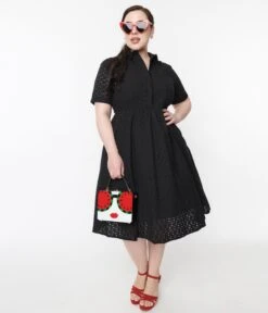 1950s Black Eyelet Collared Swing Dress