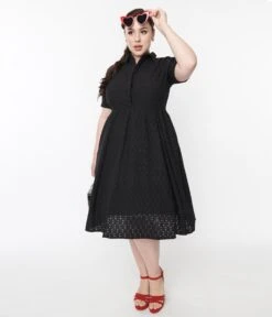 1950s Black Eyelet Collared Swing Dress 10 1950s Black Eyelet Collared Swing Dress -New Dress Store 1950s black eyelet collared swing dress 856035