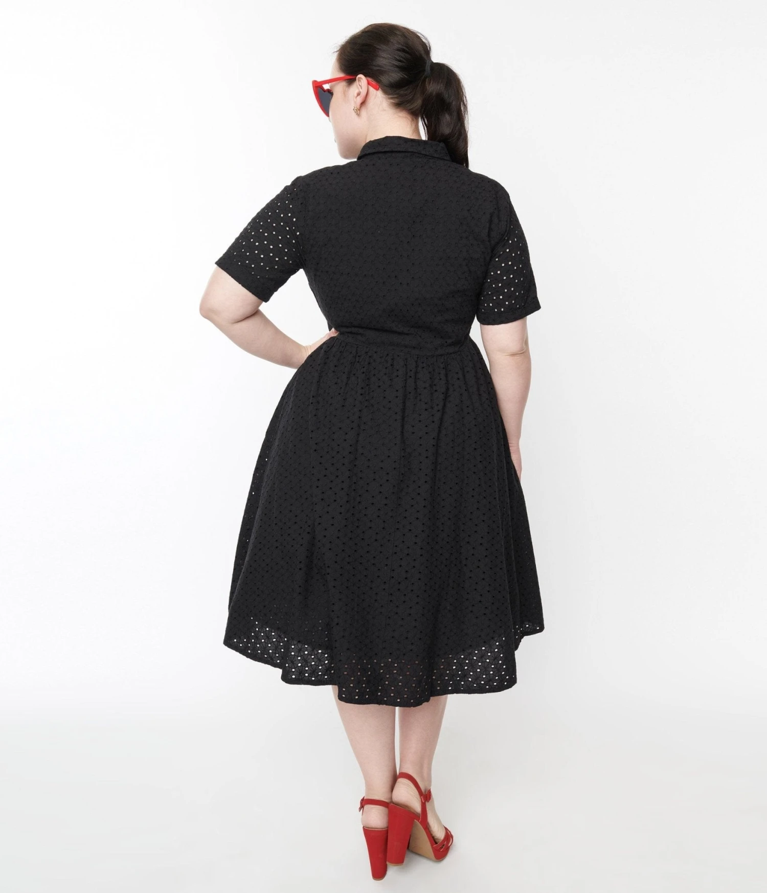 1950s Black Eyelet Collared Swing Dress 2 1950s Black Eyelet Collared Swing Dress - Image 2