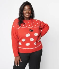 Unique Vintage Plus Size Red & Flock Of Sheep Sweater -New Dress Store 198672 K1486KT3 PL 4