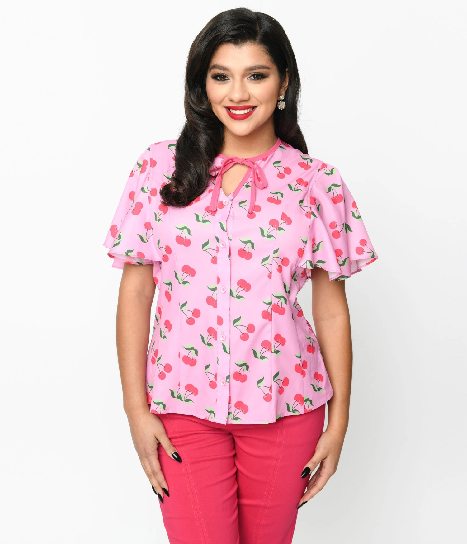 Unique Vintage Lavender & Hot Pink Cherry Cecilia Blouse 2 Unique Vintage Lavender & Hot Pink Cherry Cecilia Blouse - Image 2