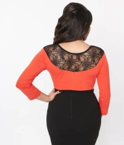 Orange Spiderweb Lace Collar Knit Top 5 Orange Spiderweb Lace Collar Knit Top -New Dress Store 244807 3