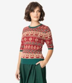 Retro Style Red & Green Holiday Fair Isle Knit Sweater 9 Retro Style Red & Green Holiday Fair Isle Knit Sweater -New Dress Store 95432 5