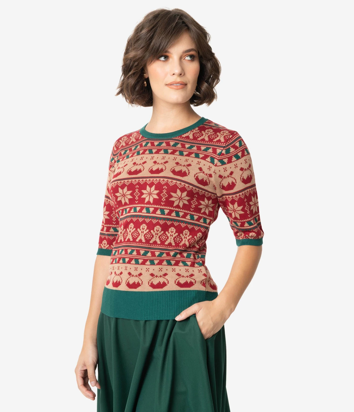 Retro Style Red & Green Holiday Fair Isle Knit Sweater 5 Retro Style Red & Green Holiday Fair Isle Knit Sweater - Image 5