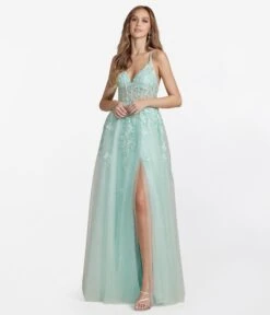 Apple Mint Floral & Tulle Prom Dress