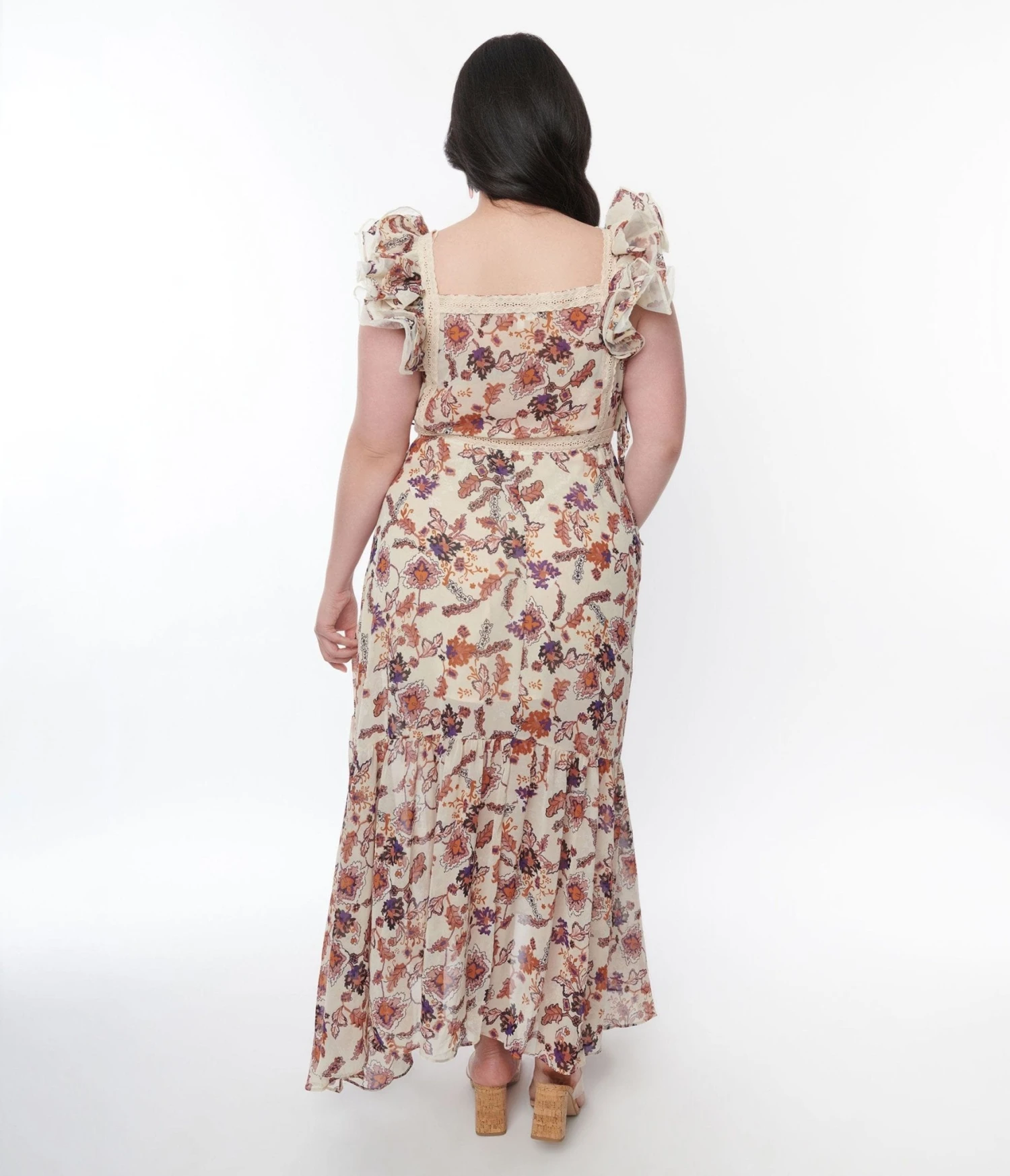 Beige Floral Ruffle High Low Maxi Dress 2 Beige Floral Ruffle High Low Maxi Dress - Image 2