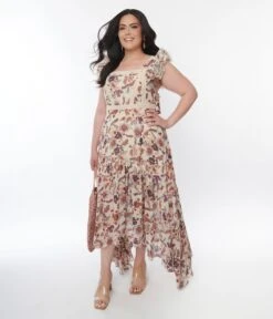 Beige Floral Ruffle High Low Maxi Dress 9 Beige Floral Ruffle High Low Maxi Dress -New Dress Store beige floral ruffle high low maxi dress 543493