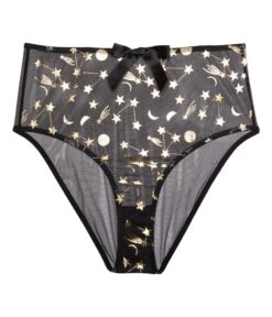 Playful Promises Bettie Page Solar Black & Gold Cosmic Print High Waist Brief -New Dress Store bettie page solar black gold cosmic print high waist brief 333682
