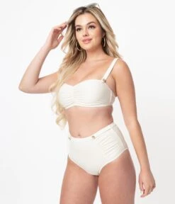 Bettie Page X Playful Promises Cream Sweetheart Bandeu Swim Top -New Dress Store bettie page x playful promises cream sweetheart bandeu swim top 801934