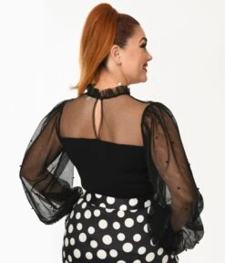 Black Beaded Mesh Puff Sleeved Knit Top -New Dress Store black beaded mesh puff sleeved knit top 692200