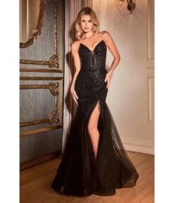 Cinderella Divine Black Beaded Sequin Strapless Mermaid Prom Dress