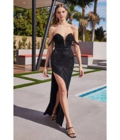 Cinderella Divine Black Dazzling Beaded Draped Sequin Prom Dress