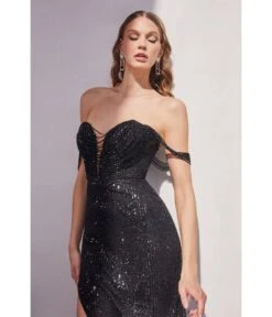Cinderella Divine Black Dazzling Beaded Draped Sequin Prom Dress -New Dress Store black dazzling beaded draped sequin prom dress 724547