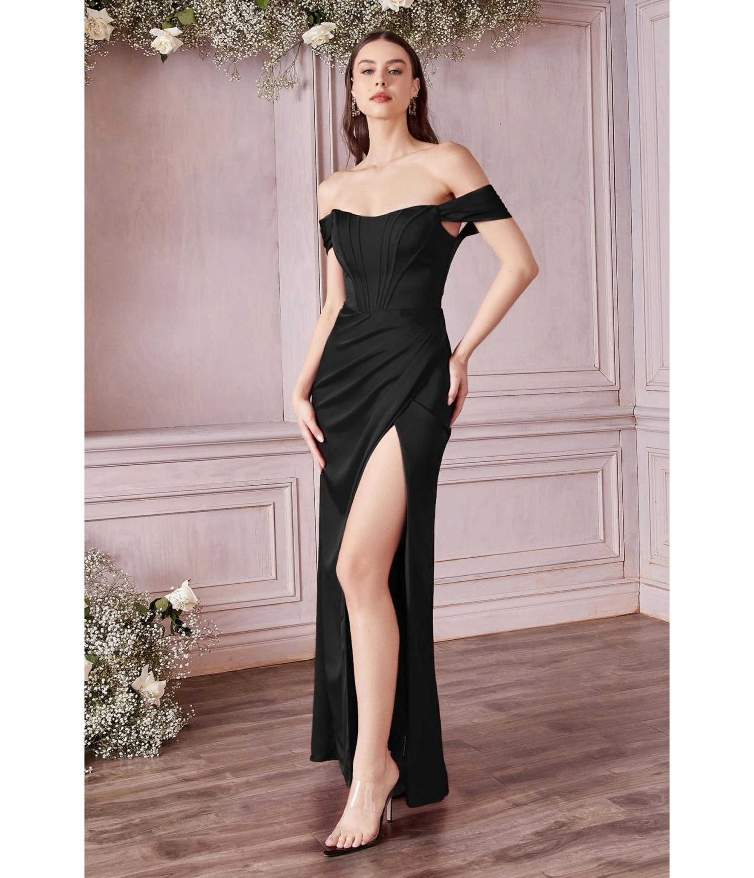 Cinderella Divine Black Divine Satin Corset Off The Shoulder Prom Dress 1 Cinderella Divine Black Divine Satin Corset Off The Shoulder Prom Dress