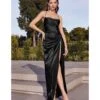 Cinderella Divine Black Draped Satin Slit Bridesmaid Dress