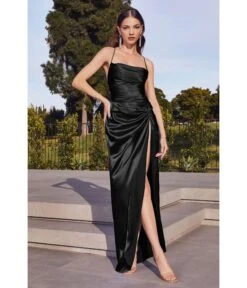 Cinderella Divine Black Draped Satin Slit Bridesmaid Dress