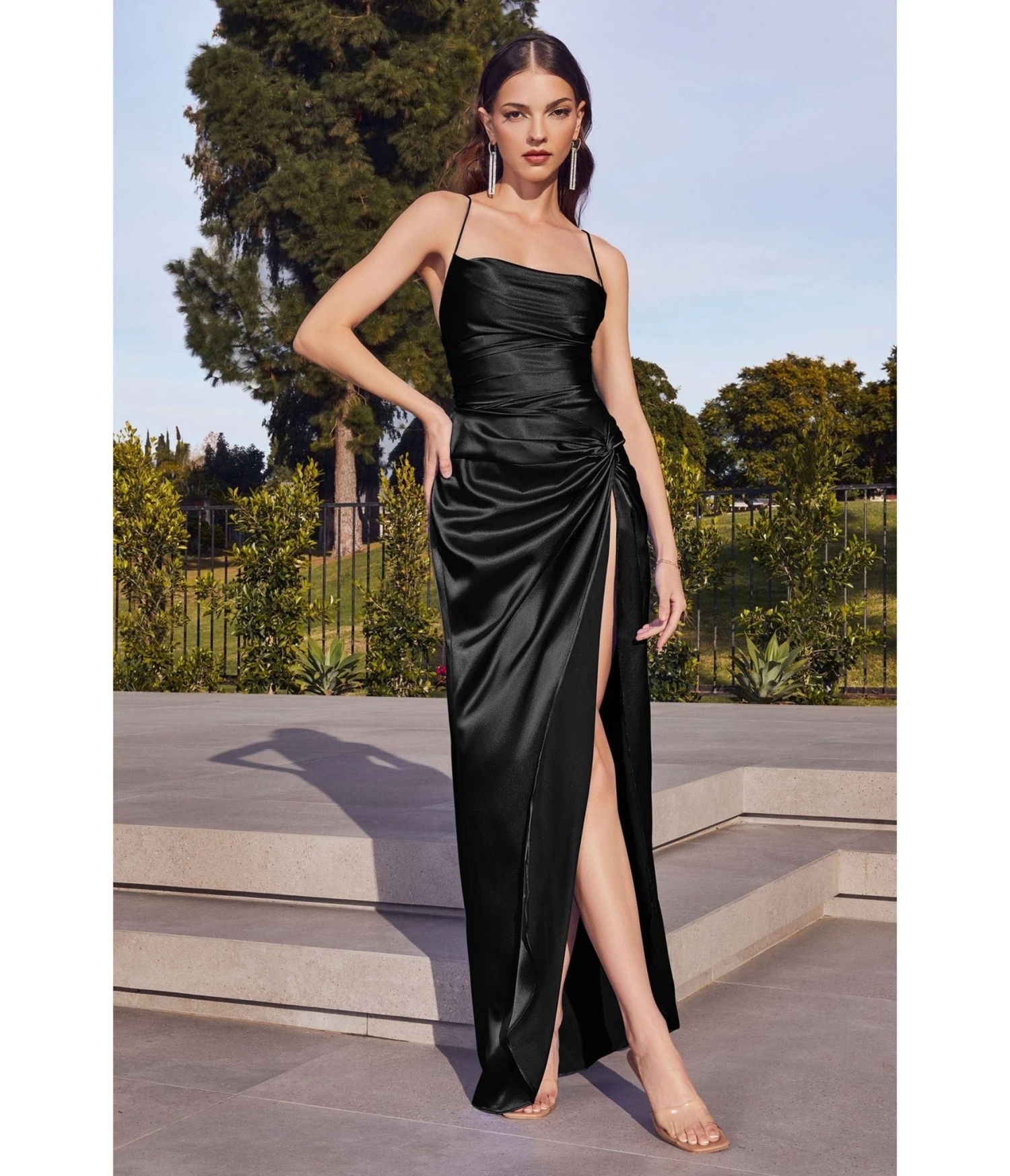 Cinderella Divine Black Draped Satin Slit Bridesmaid Dress 1 Cinderella Divine Black Draped Satin Slit Bridesmaid Dress