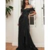 Cinderella Divine Black Glitter Draped Off The Shoulder Prom Dress