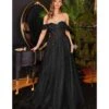 Cinderella Divine Black Glitter Lace & Tulle Embellished Off The Shoulder Prom Gown