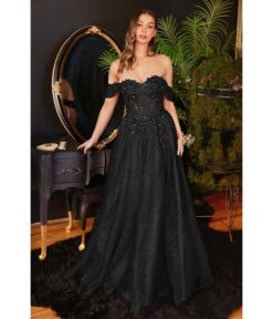 Cinderella Divine Black Glitter Lace & Tulle Embellished Off The Shoulder Prom Gown