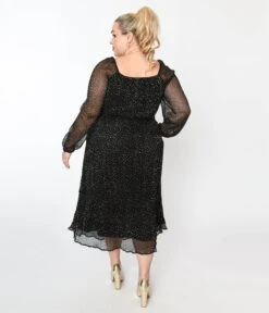 Black & Gold Foil Pin Dot Pleated Midi Dress -New Dress Store black gold foil pin dot pleated midi dress 655329