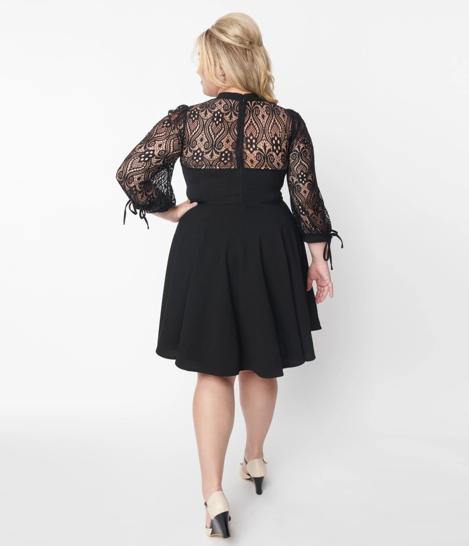 Black Lace Sleeved Knit Swing Dress 2 Black Lace Sleeved Knit Swing Dress - Image 2