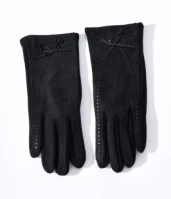 Black Leather Bow Lined Texting Gloves