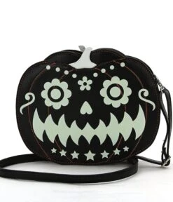 Black Leatherette Glow In The Dark Jack O Lantern Crossbody Bag