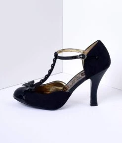 PLEASER Black Microsuede Button Up T-Strap Heels -New Dress Store black microsuede button up t strap heels 832573