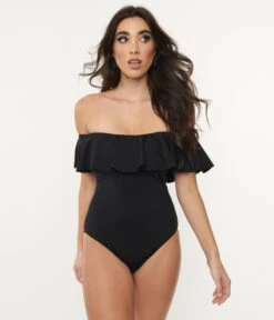 Black Off Shoulder Ruffle Swimsuit -New Dress Store black off shoulder ruffle swimsuit 541220