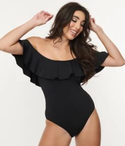 Black Off Shoulder Ruffle Swimsuit