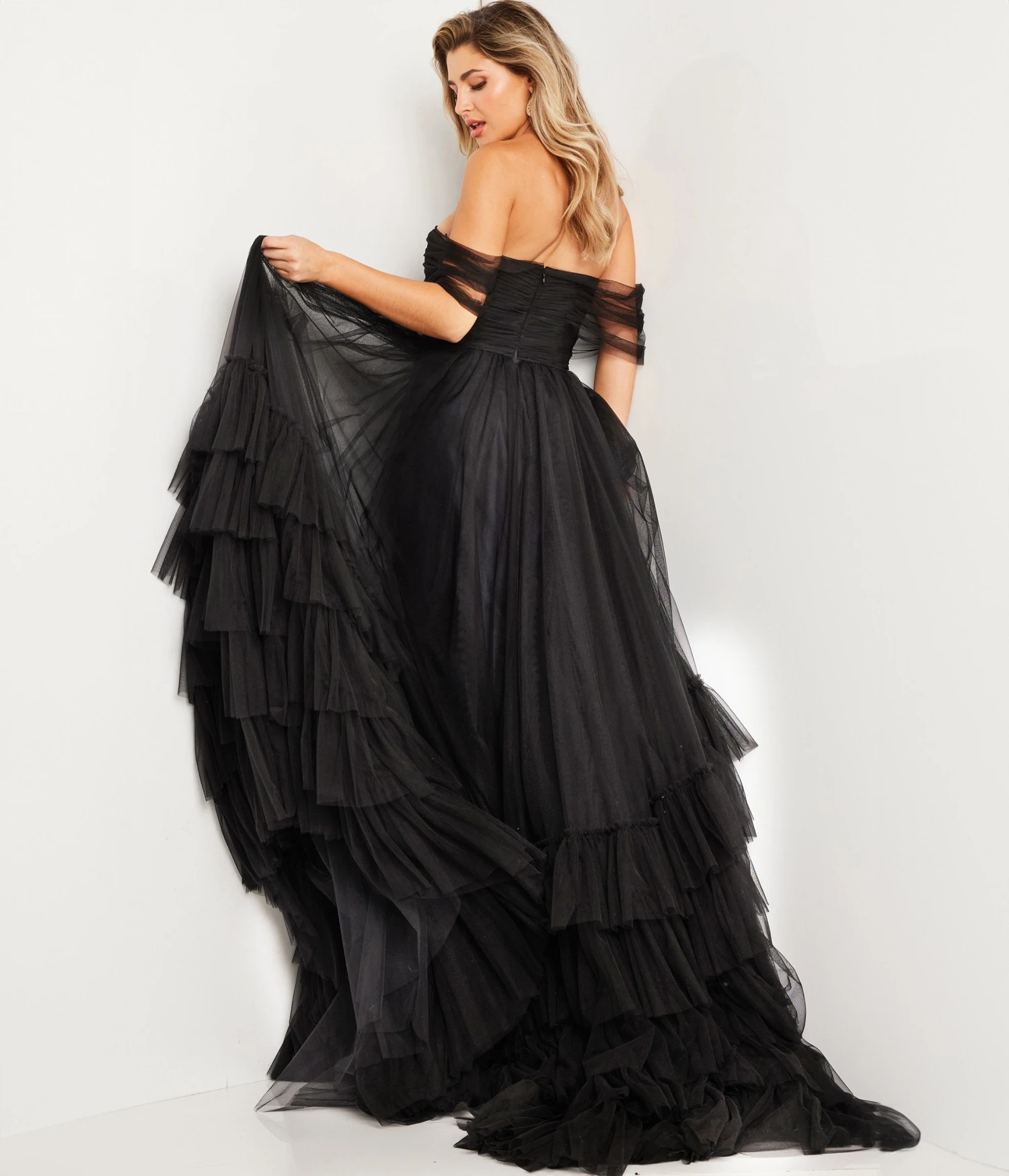 Jovani Black Off The Shoulder Ruched Tulle Ballgown 2 Jovani Black Off The Shoulder Ruched Tulle Ballgown - Image 2