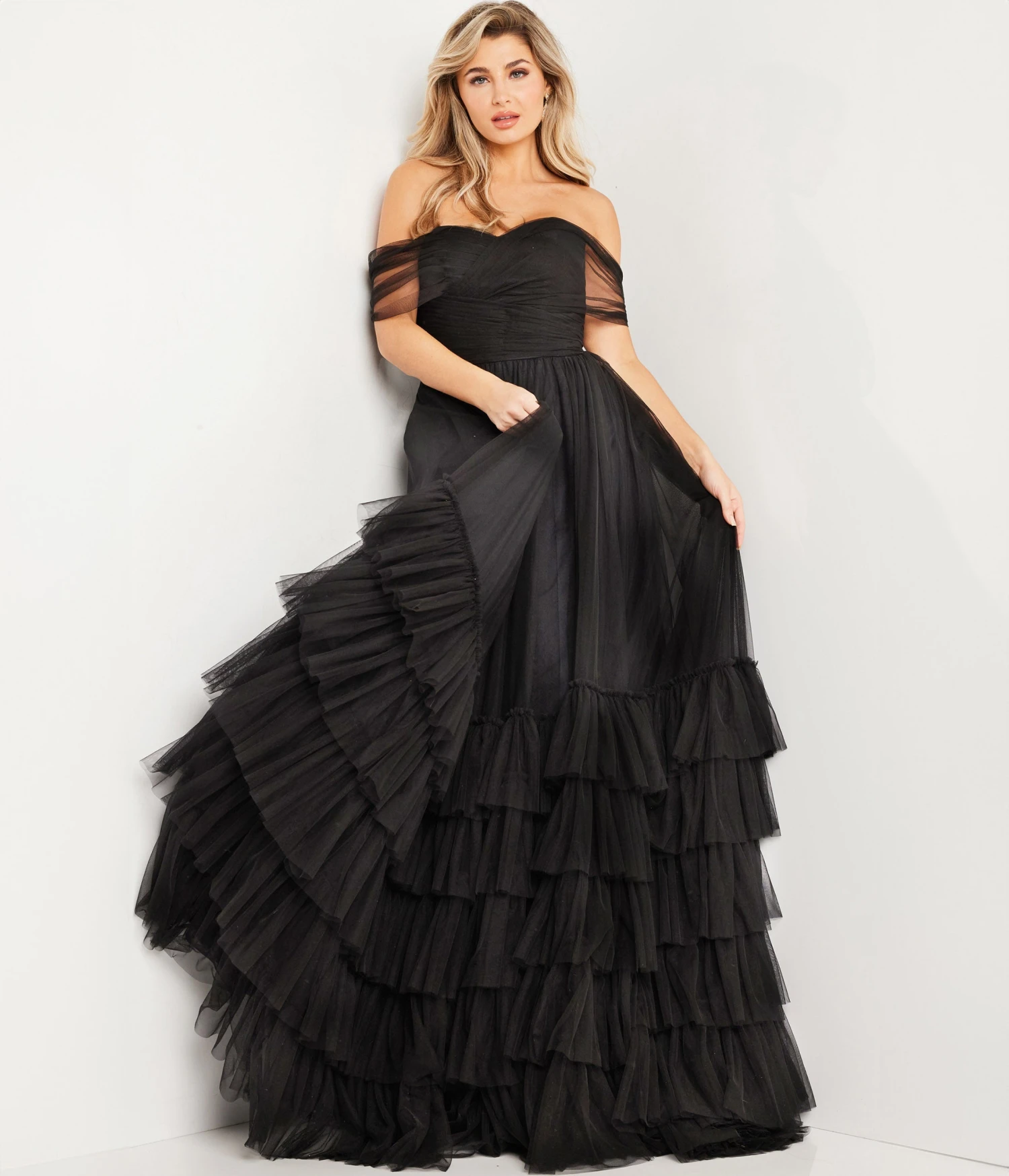 Jovani Black Off The Shoulder Ruched Tulle Ballgown 1 Jovani Black Off The Shoulder Ruched Tulle Ballgown