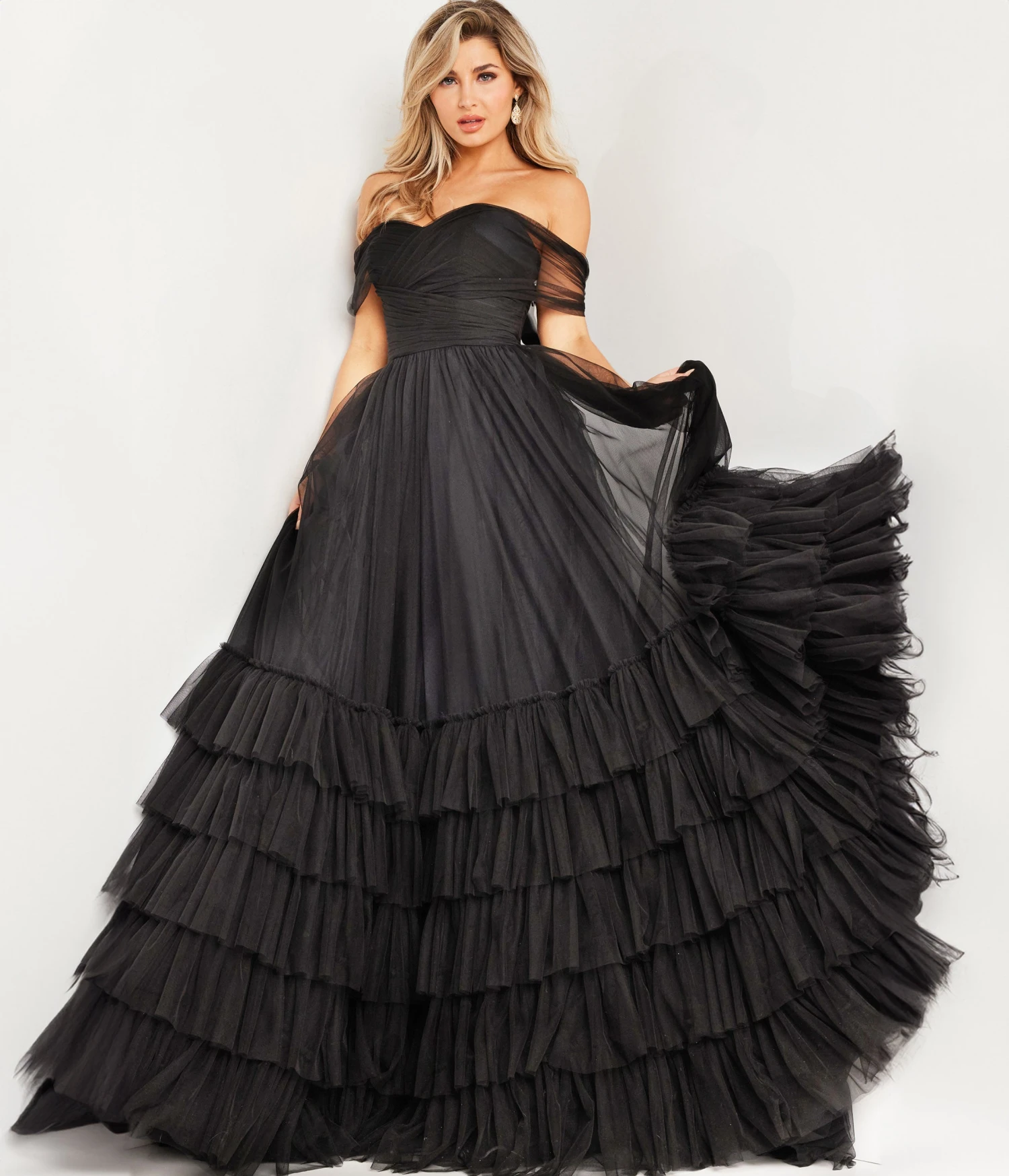 Jovani Black Off The Shoulder Ruched Tulle Ballgown 3 Jovani Black Off The Shoulder Ruched Tulle Ballgown - Image 3