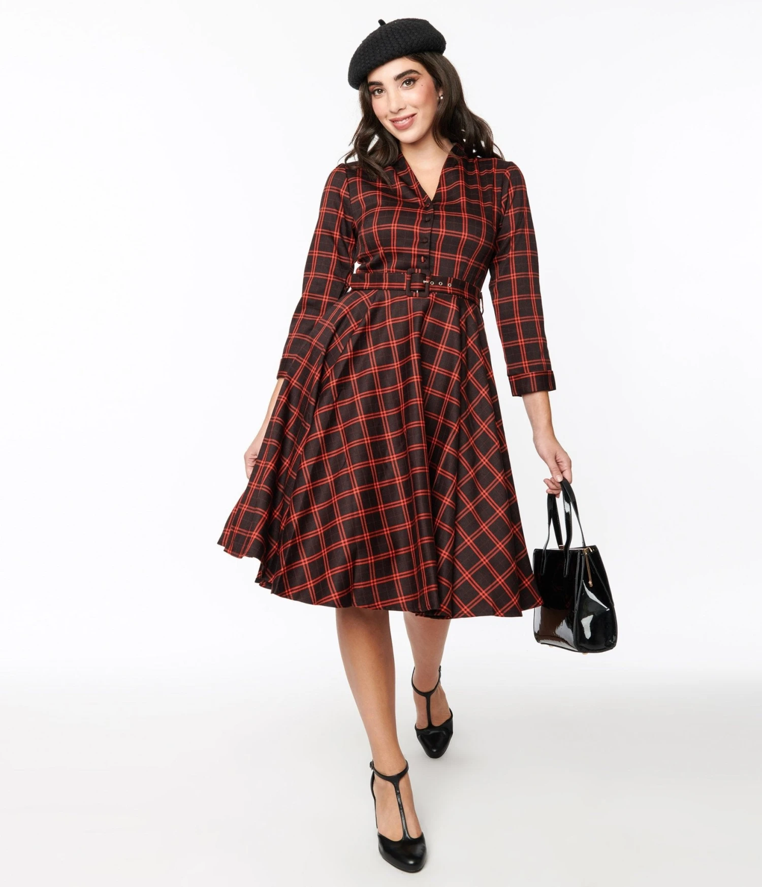 Black & Orange Windowpane Belted Swing Dress 1 Black & Orange Windowpane Belted Swing Dress