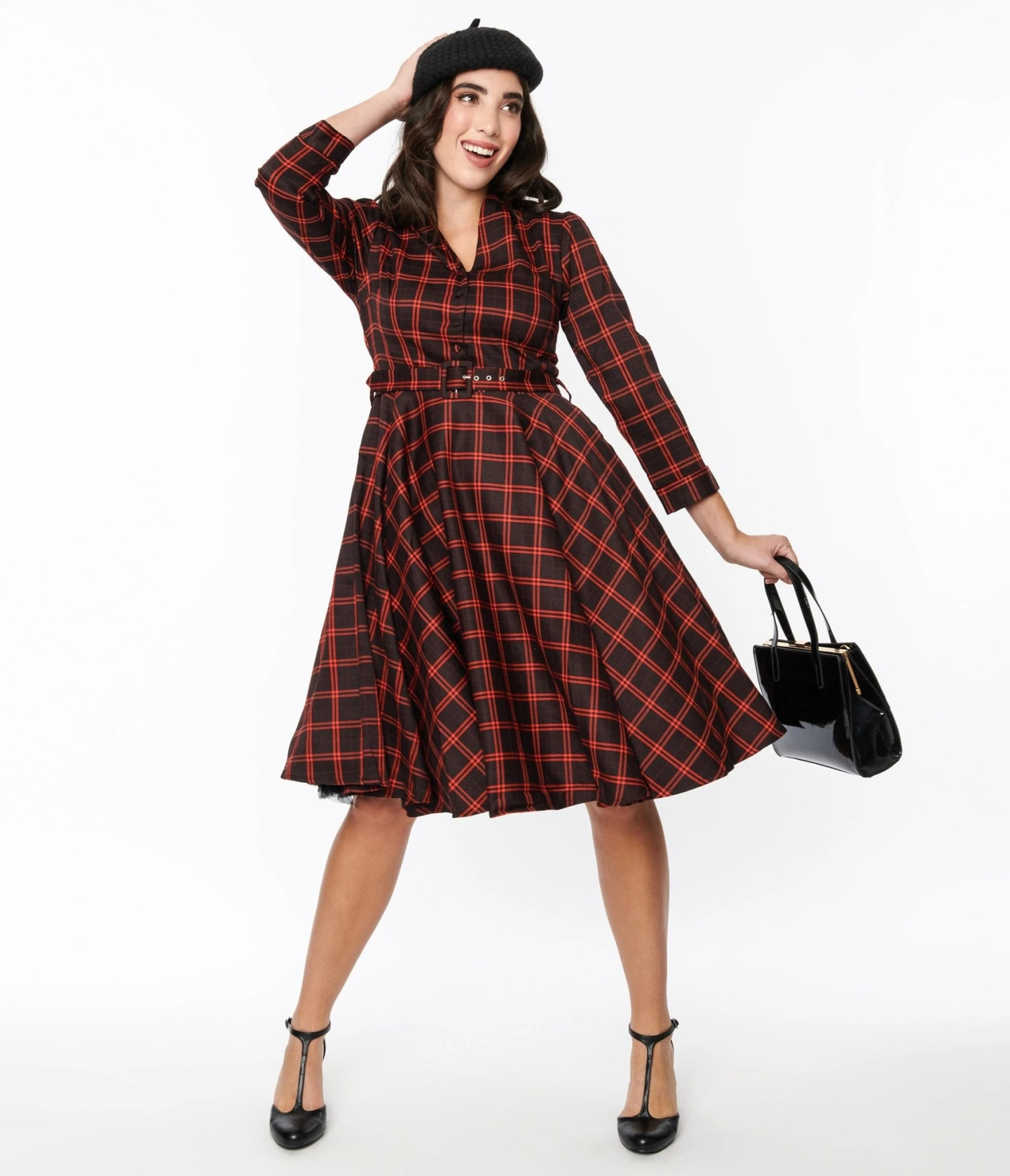 Black & Orange Windowpane Belted Swing Dress 2 Black & Orange Windowpane Belted Swing Dress - Image 2