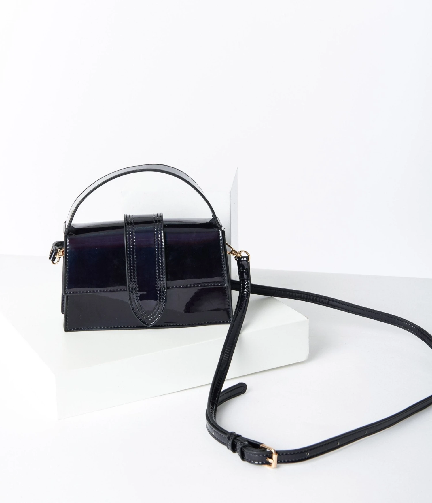 Black Patent Leatherette Square Handbag 2 Black Patent Leatherette Square Handbag - Image 2