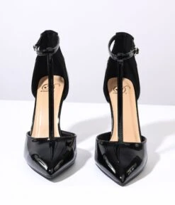 Black Patent Leatherette T-Strap Stiletto Heels