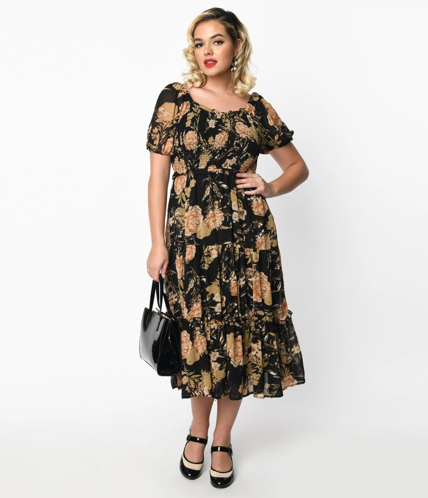 Black & Pink Antique Floral Smocked Puff Sleeve Midi Dress 1 Black & Pink Antique Floral Smocked Puff Sleeve Midi Dress