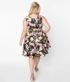 Black & Pink Cherry Blossom Swing Dress -New Dress Store black pink cherry blossom swing dress 830263