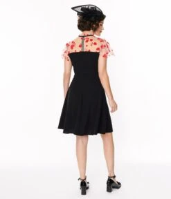 Black & Pink Floral Mesh Illusion Neckline Flare Dress -New Dress Store black pink floral mesh illusion neckline flare dress 524694