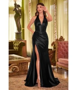 Cinderella Divine Black Pleated Satin Halter Corset Evening Gown