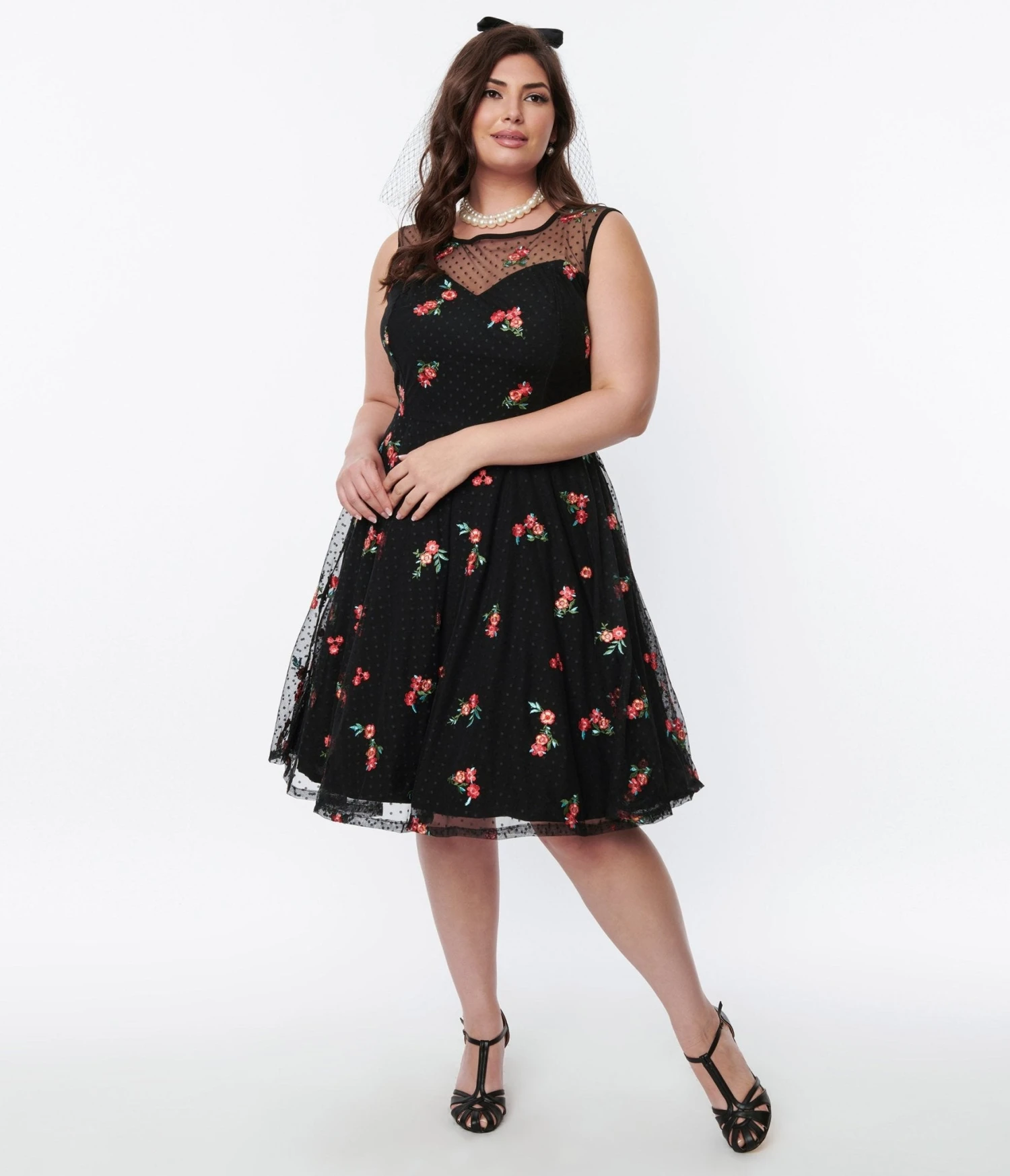 Black Polka Dot Tulle & Pink Floral Swing Dress 1 Black Polka Dot Tulle & Pink Floral Swing Dress